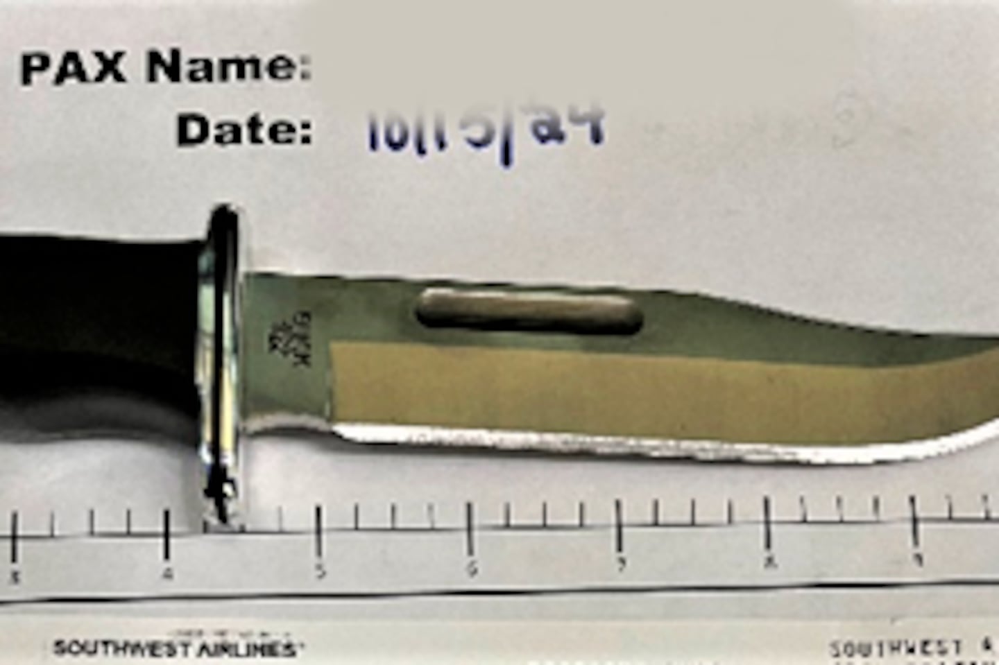 TSA officers found this hunting knife in a passenger's carry-on baggage at Rhode Island T.F. Green International Airport in October 2024.