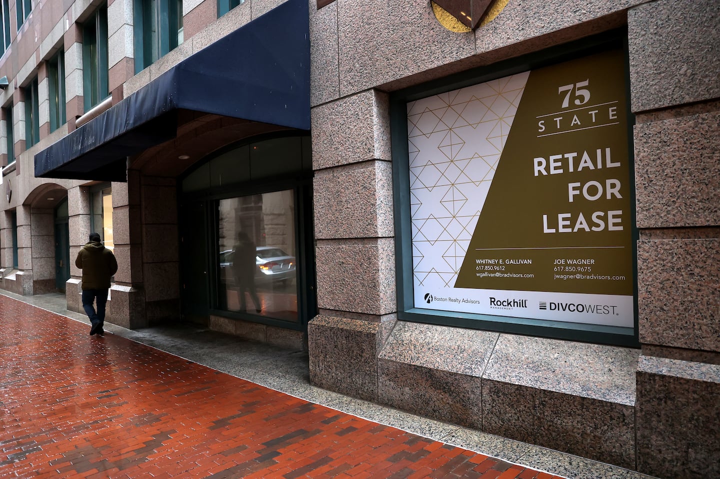 A for-lease sign on Kilby Street. Experts warned that declining commercial property values pose a much more long-term threat to Boston’s future.