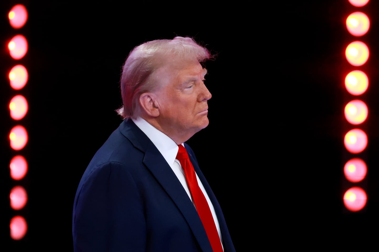 Former president Donald Trump looks on during a Univision Noticias town hall event on Oct. 16, 2024 in Doral, Fla.