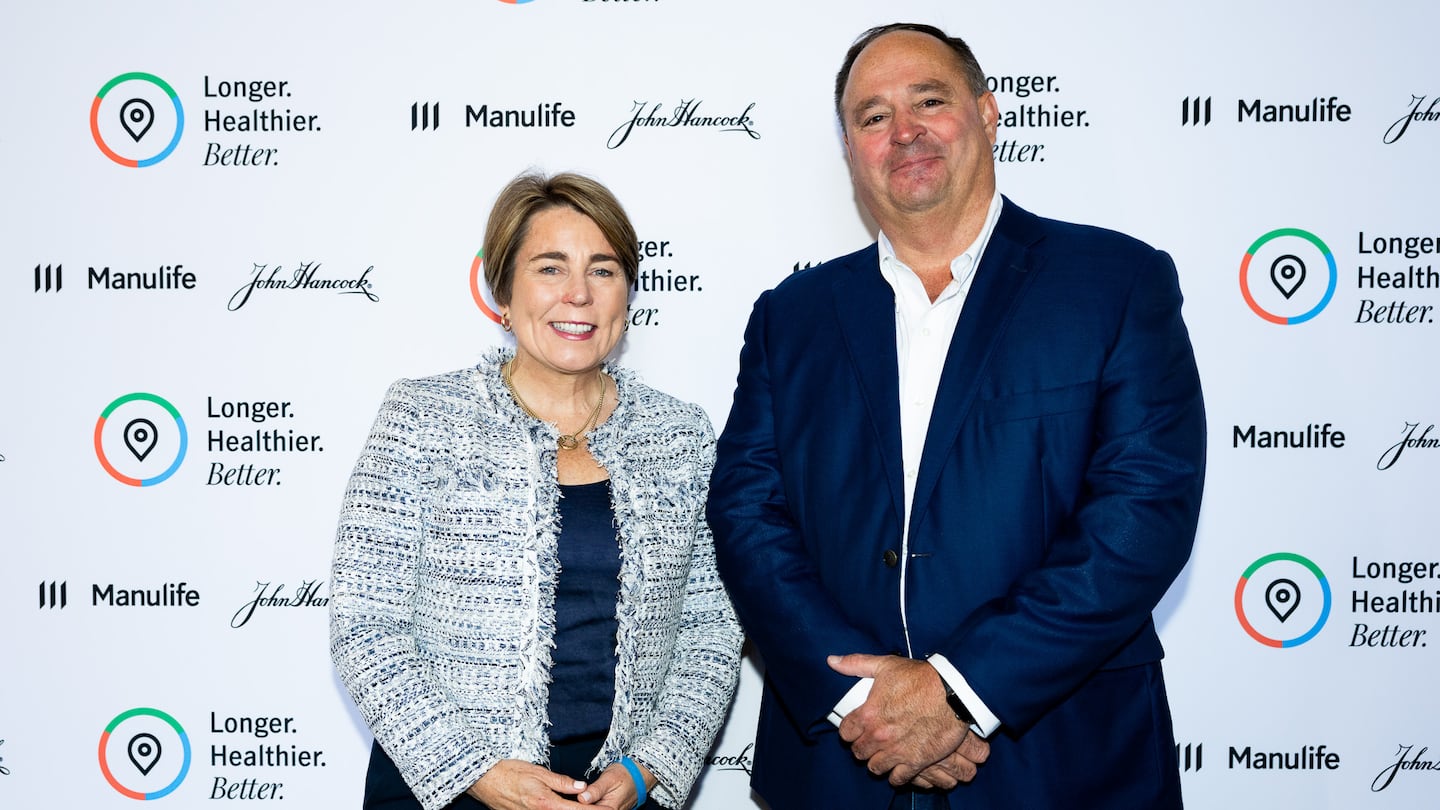 Governor Maura Healey spoke with John Hancock president Brooks Tingle at the company's symposium this week.