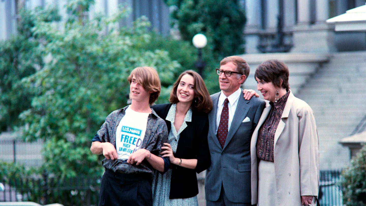 Nicholas Daniloff with his wife, Ruth, and children, Caleb and Miranda, after his release from a Moscow jail in Moscow on 1986.