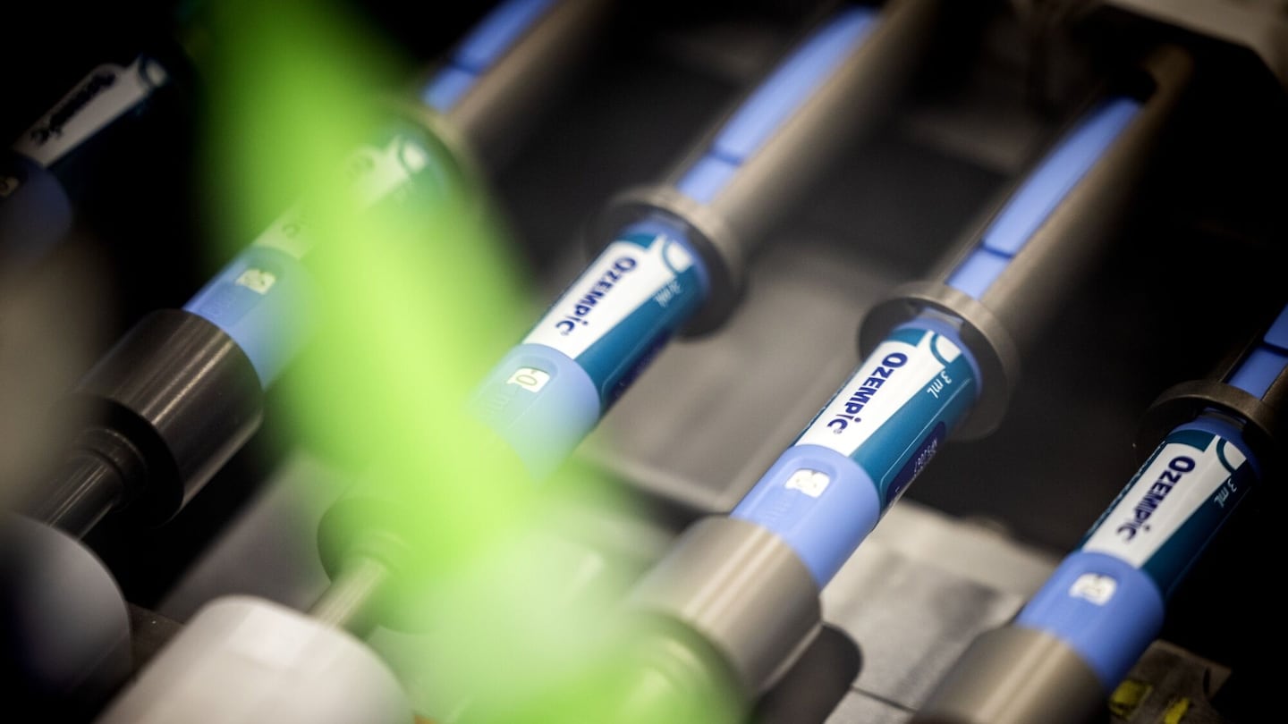 Ozempic injection pens moved along a conveyor at the Novo Nordisk A/S production facilities in Hillerod, Denmark, on Sept. 26, 2023.