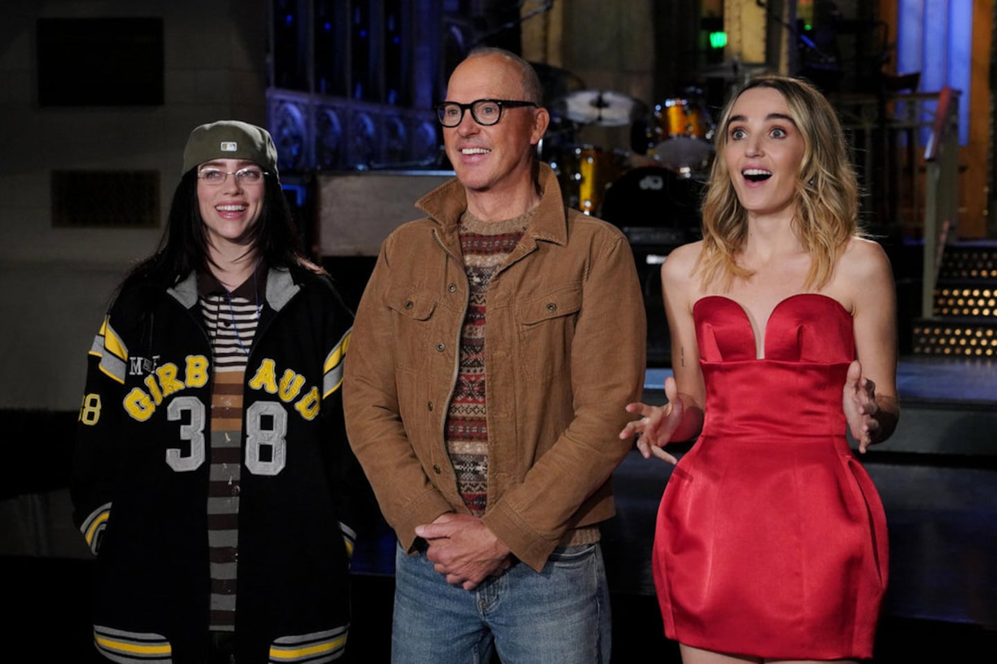 From left: Musical guest Billie Eilish, host Michael Keaton, and Chloe Fineman during Promos on Thursday.