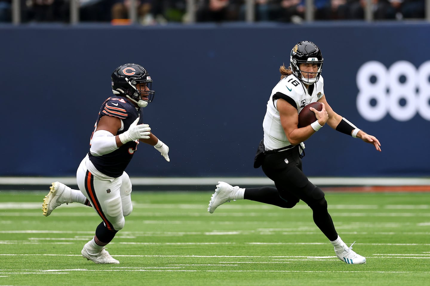 Quarterback Trevor Lawrence (right), now in his fourth season, is one of the biggest culprits for the Jaguars’ struggles on offense.