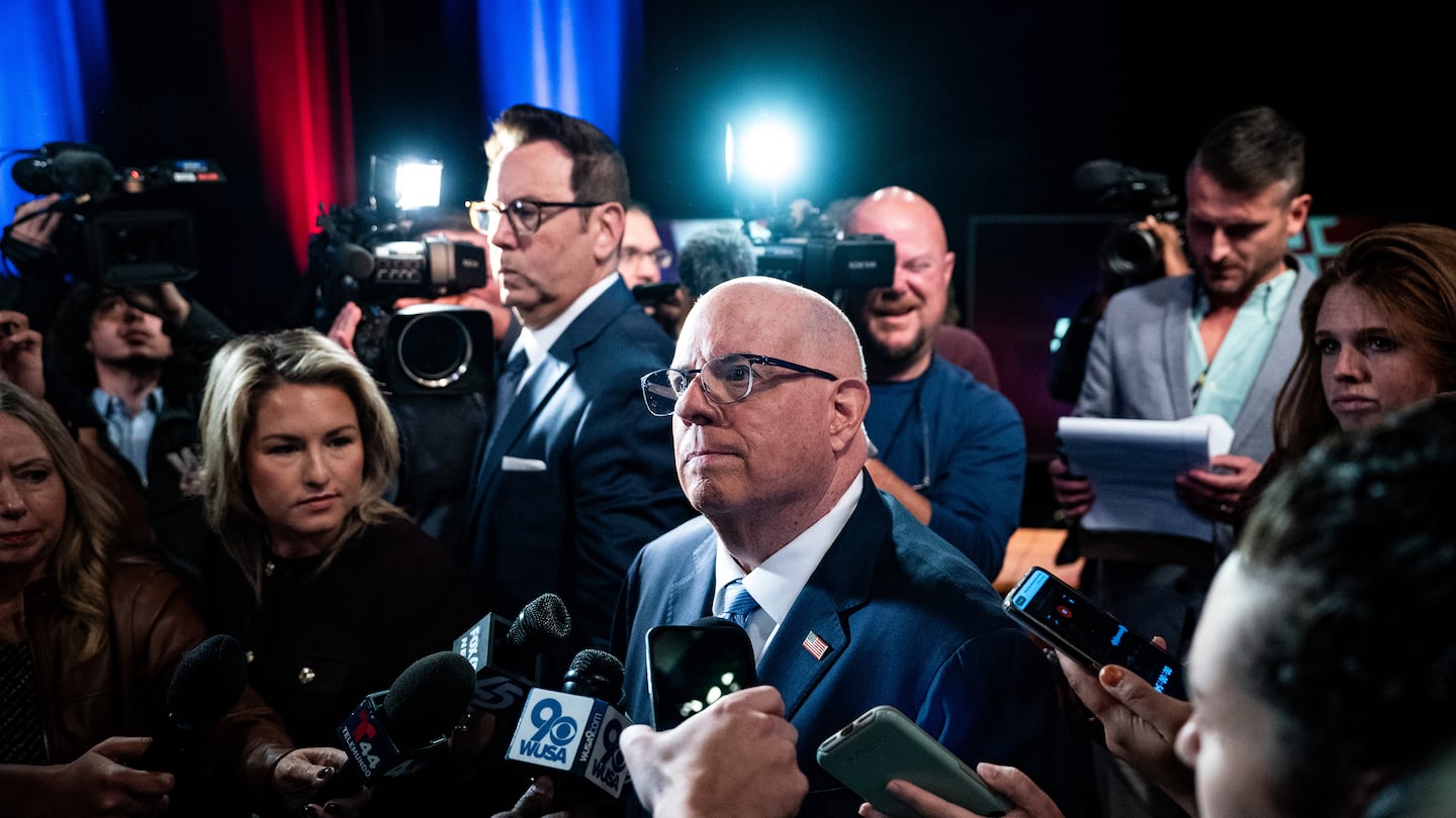 Former Maryland Governor Larry Hogan, speaks to the press after the Maryland Senate debate in Owings Mills, Md., on Thursday, Oct. 10, 2024.