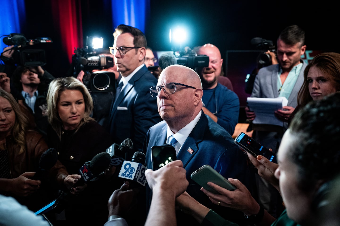 Former Maryland Governor Larry Hogan, speaks to the press after the Maryland Senate debate in Owings Mills, Md., on Thursday, Oct. 10, 2024.