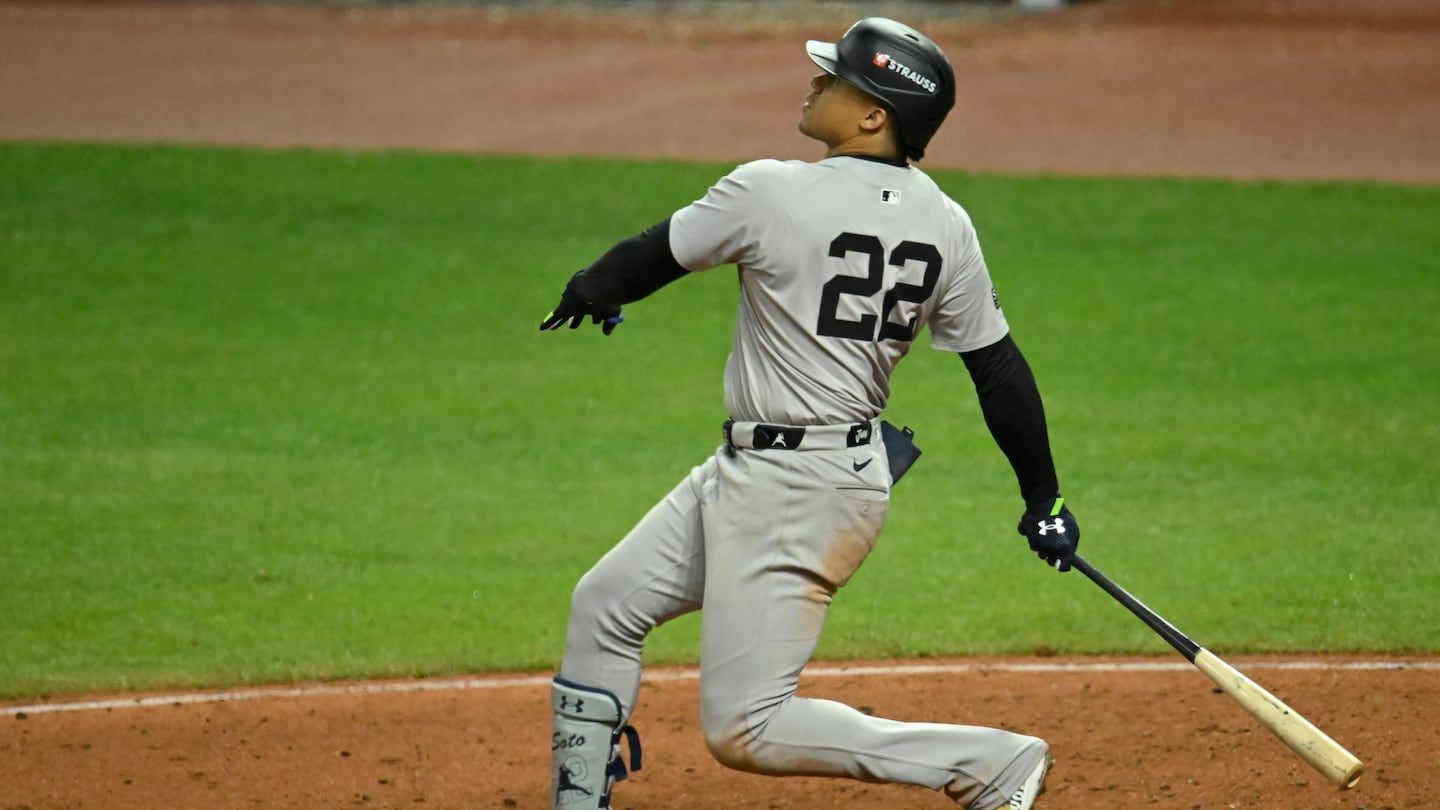 Juan Soto blasts a three-run home run in the 10th inning to give the Yankees a 5-2 win over the Guardians to clinch the American League Championship Series.