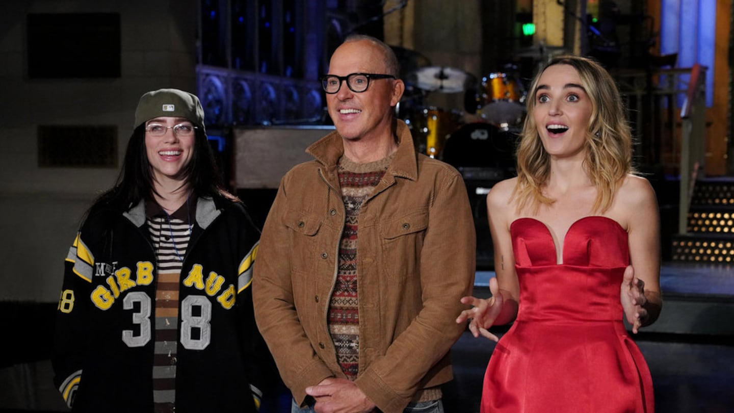 From left: Musical guest Billie Eilish, host Michael Keaton, and Chloe Fineman during Promos on Thursday.