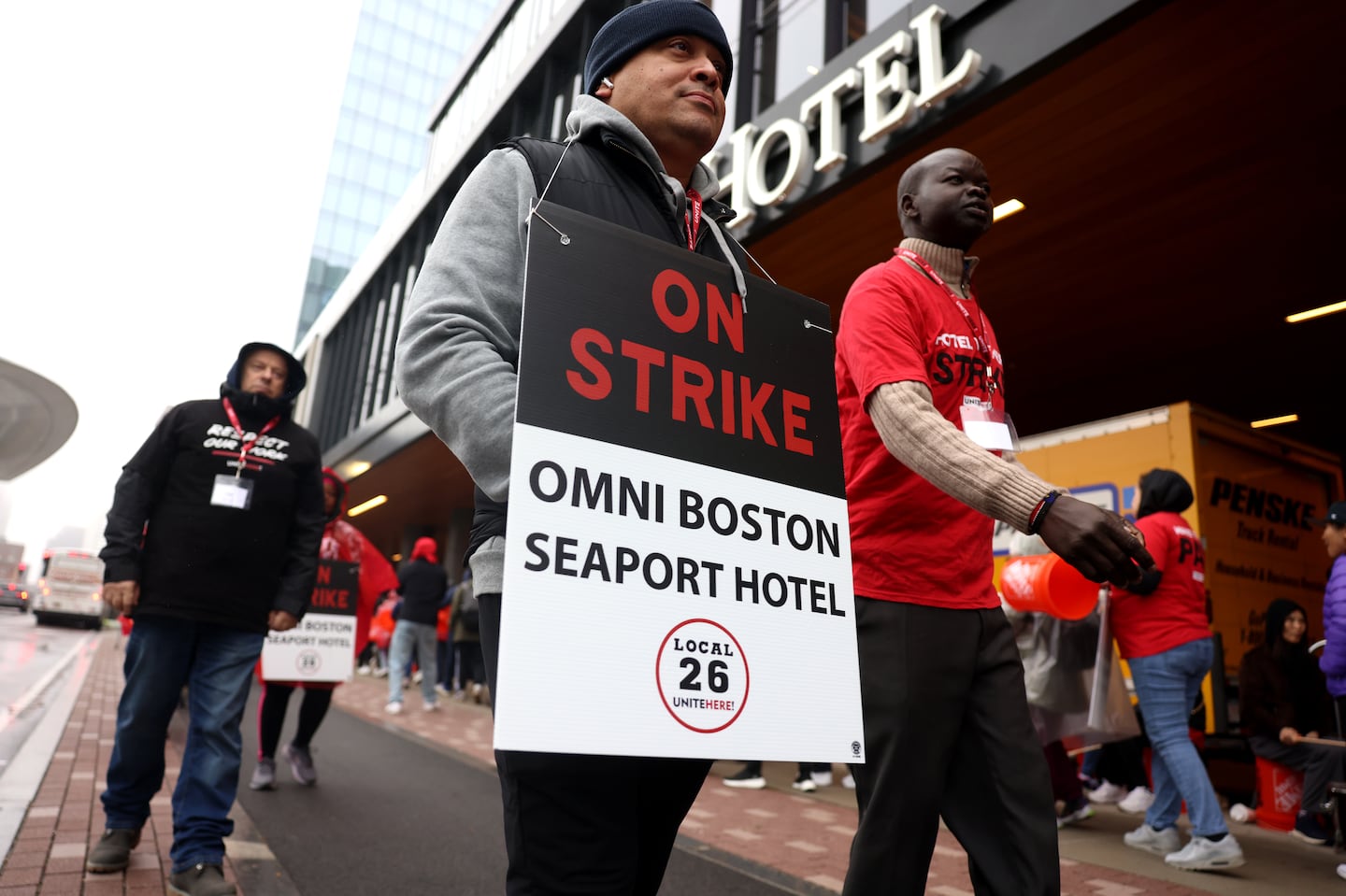 Hotel workers walked the picket line outside the Omni Boston Seaport Hotel on Oct. 14.