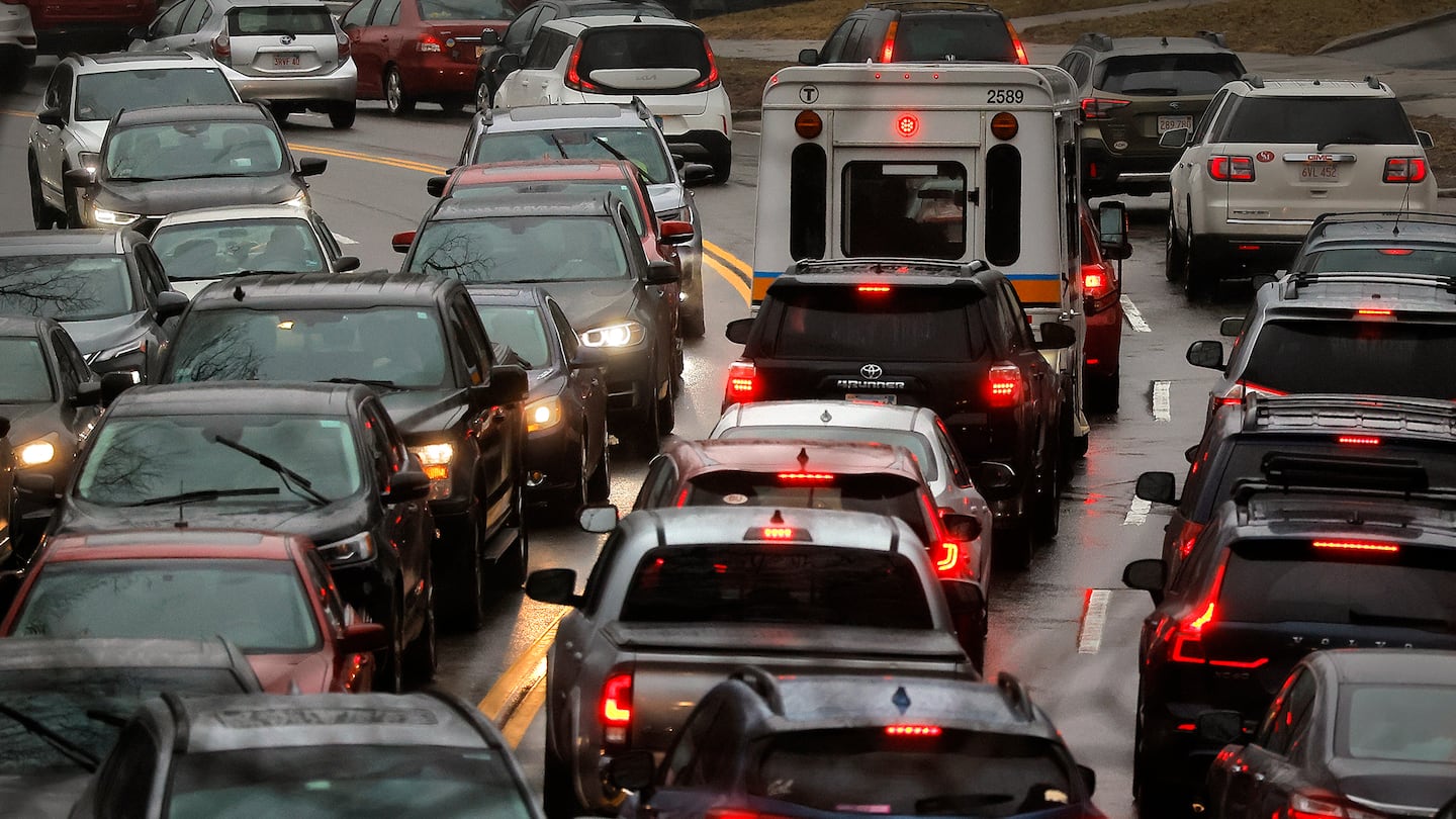 Afternoon rush hour traffic on the Jamaicaway in Boston in March.