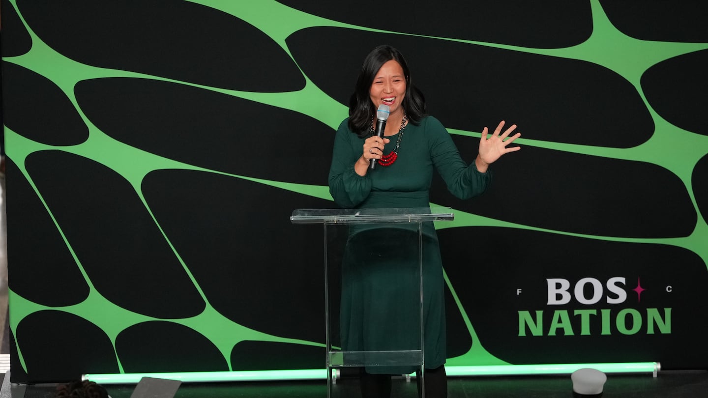 Mayor Michelle Wu at a kickoff celebration for NWSL's Boston franchise.