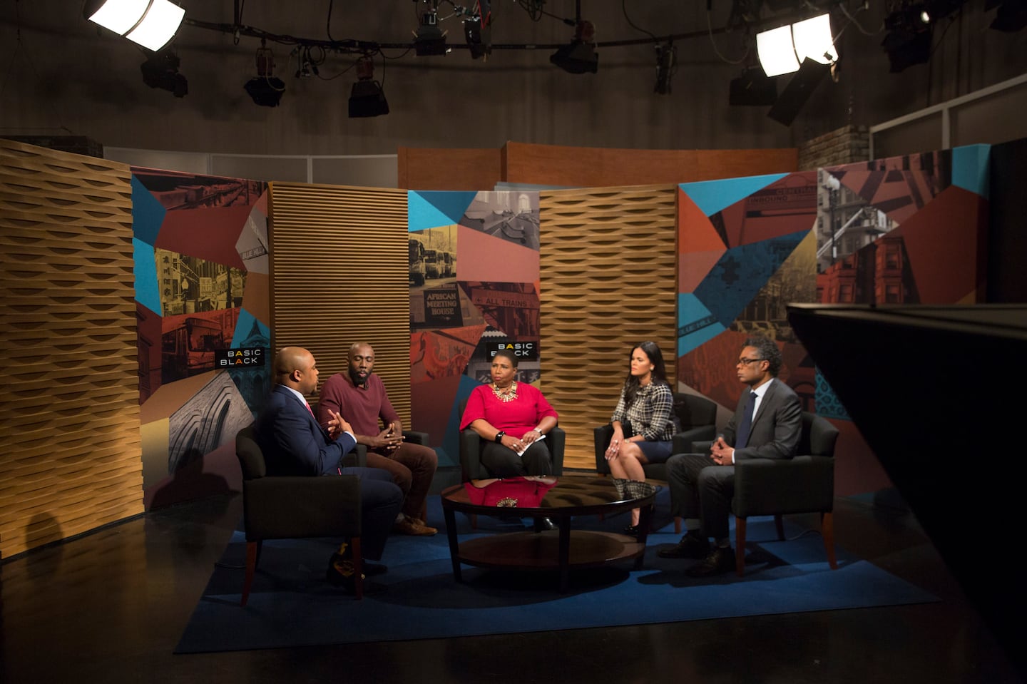 Behind-the-scenes of an April 2018 taping of the WGBH show "Basic Black," which celebrated its 50th anniversary that year. From left to right: Sam Texeira, a teacher in Dorchester; Kevin Dua, a Cambridge teacher; host Callie Crossley; Nivia Pi, a teacher in Jamaica Plain; and Marcus Walker, a teacher in South Boston.