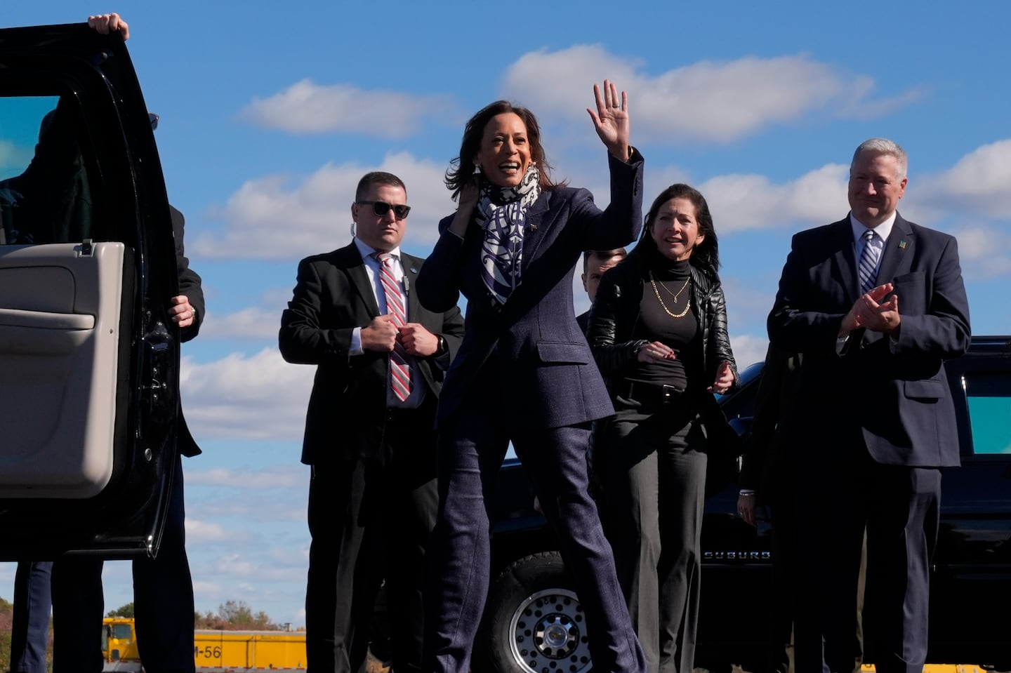 Vice President Kamala Harris arrives at Trenton-Mercer Airport, in Mercer County, New Jersey, Wednesday, Oct. 16, 2024, en route to a campaign rally in Pennsylvania.