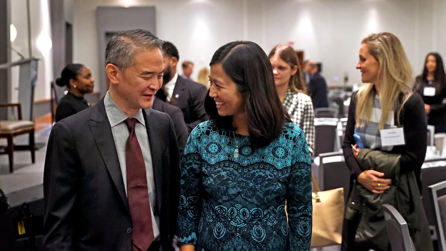 Kairos Shen with Mayor Michelle Wu, who appointed him to be Boston's new chief of planning at a Greater Boston Chamber of Commerce event last month.