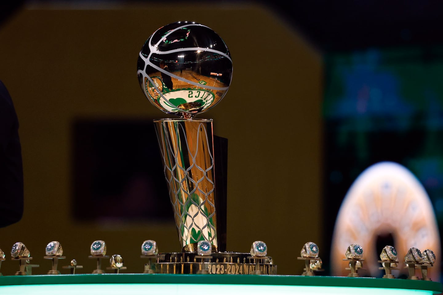 The Larry O'Brien trophy sits in the middle of the championship rings during Tuesday's ceremony.