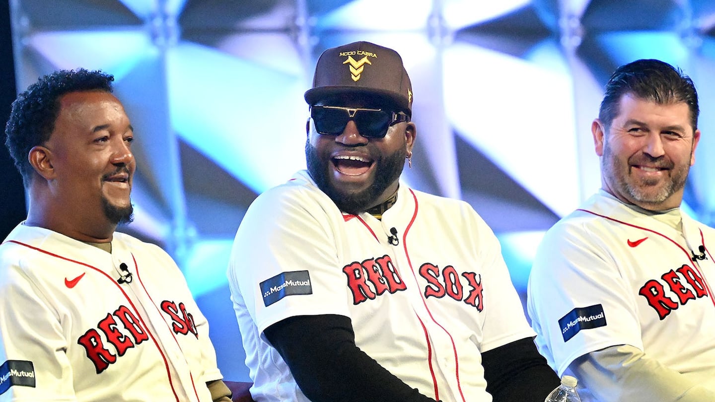 2004 Red Sox heroes Pedro Martinez, David Ortiz, and Jason Varitek (left to right) got together for an anniversary panel discussion during Winter Weekend in Springfield in January.