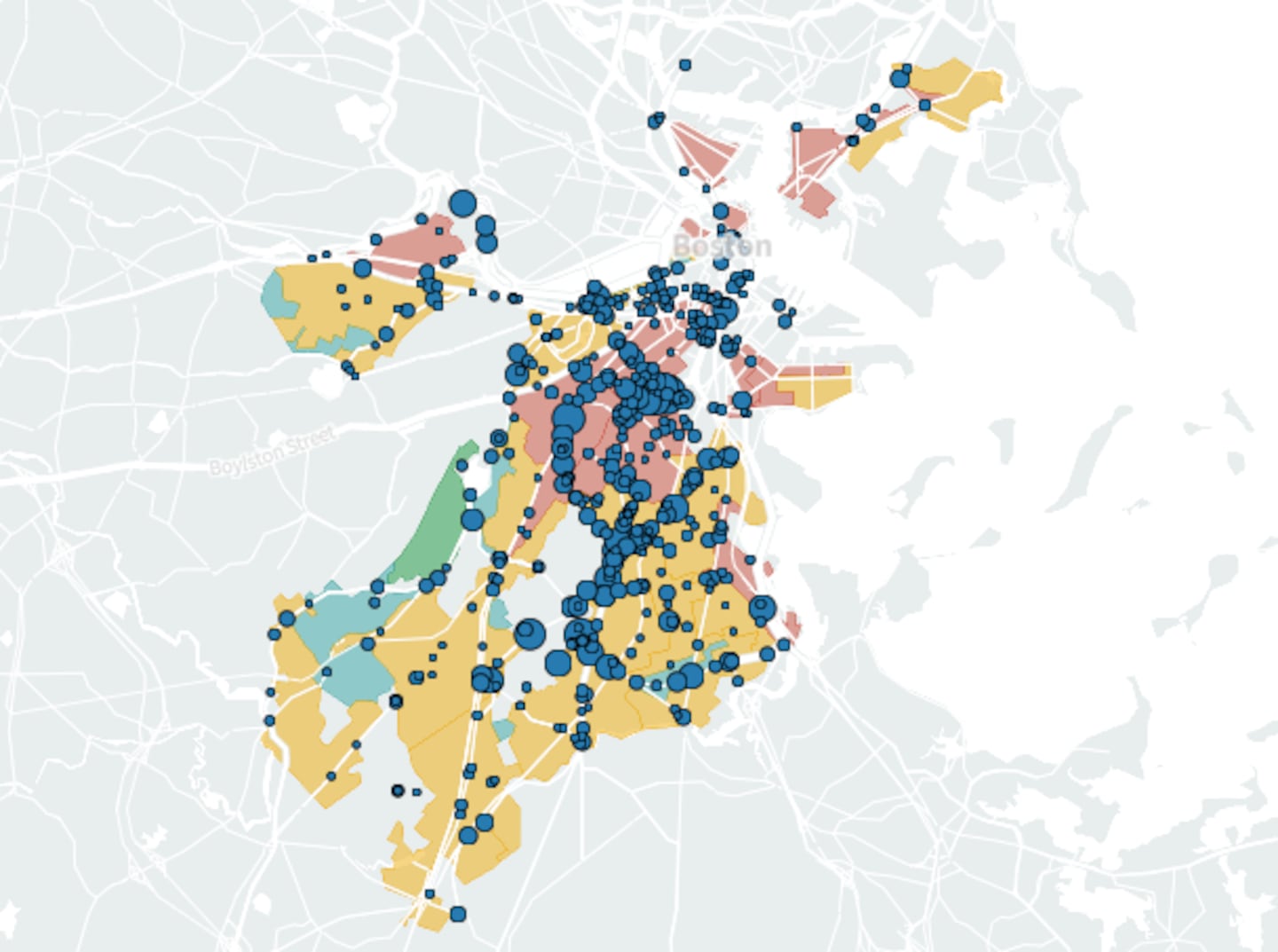 A map of Boston's most dangerous intersections by collision, overlaid with historic redlining districts.