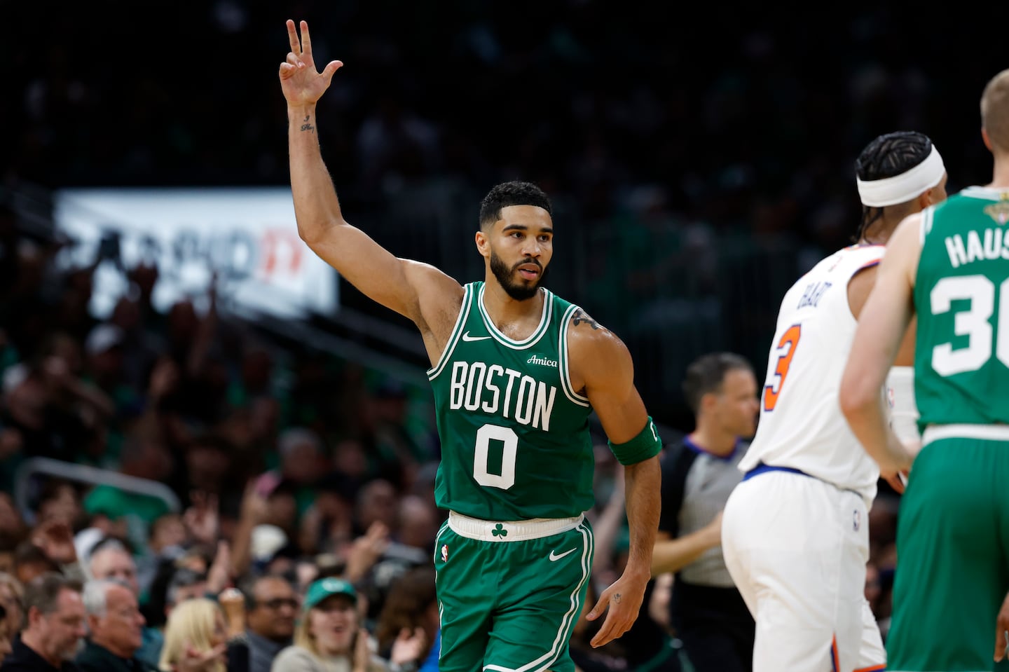 Celtics forward Jayson Tatum scored 37 points, hitting 8 of 11 3-pointers as the Celtics tied an NBA record for threes in an opening win after making 29 of 61 attempts in Tuesday night's win over the Knicks.