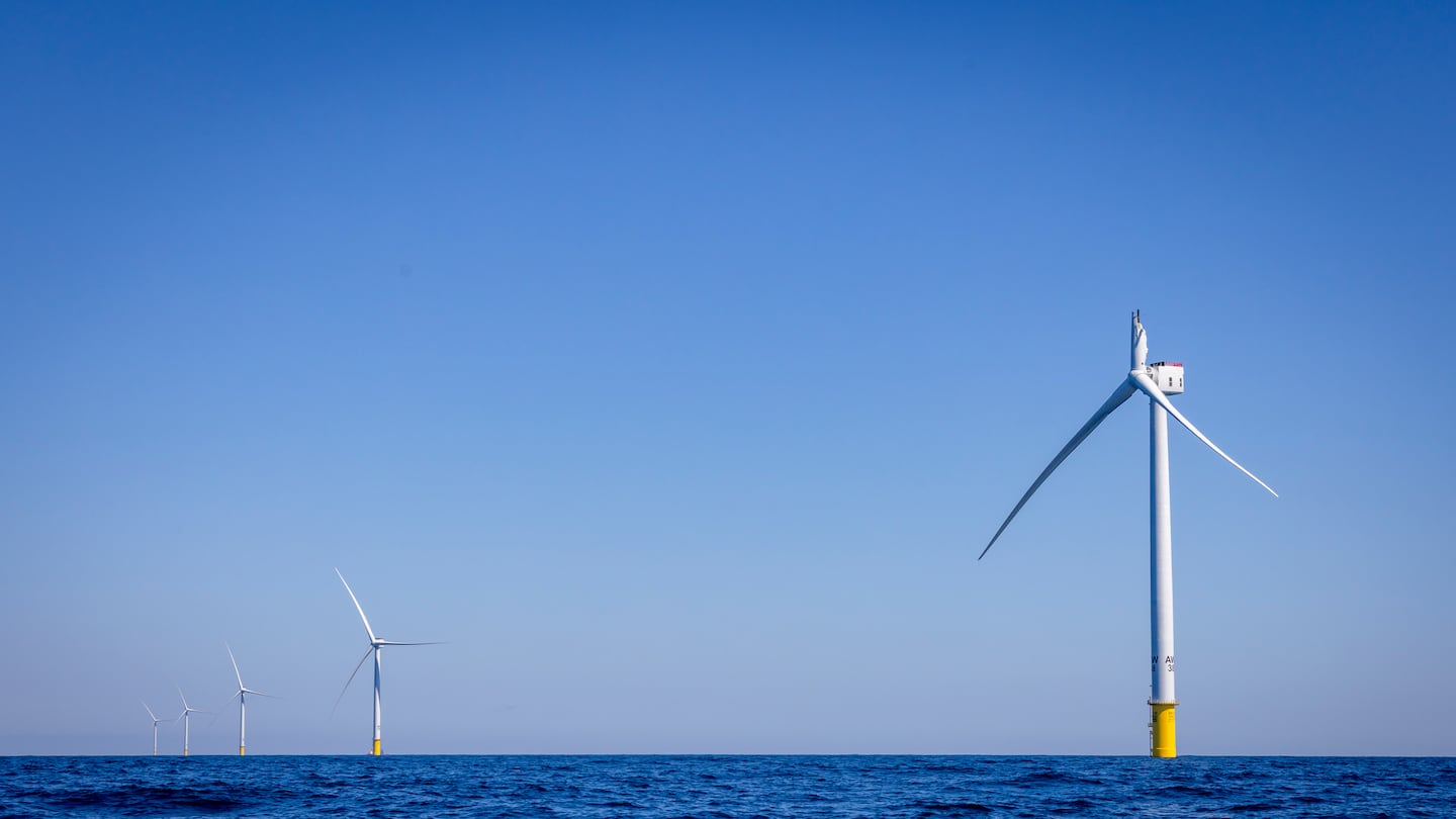 A wind turbine with a broken blade at Vineyard Wind in September.