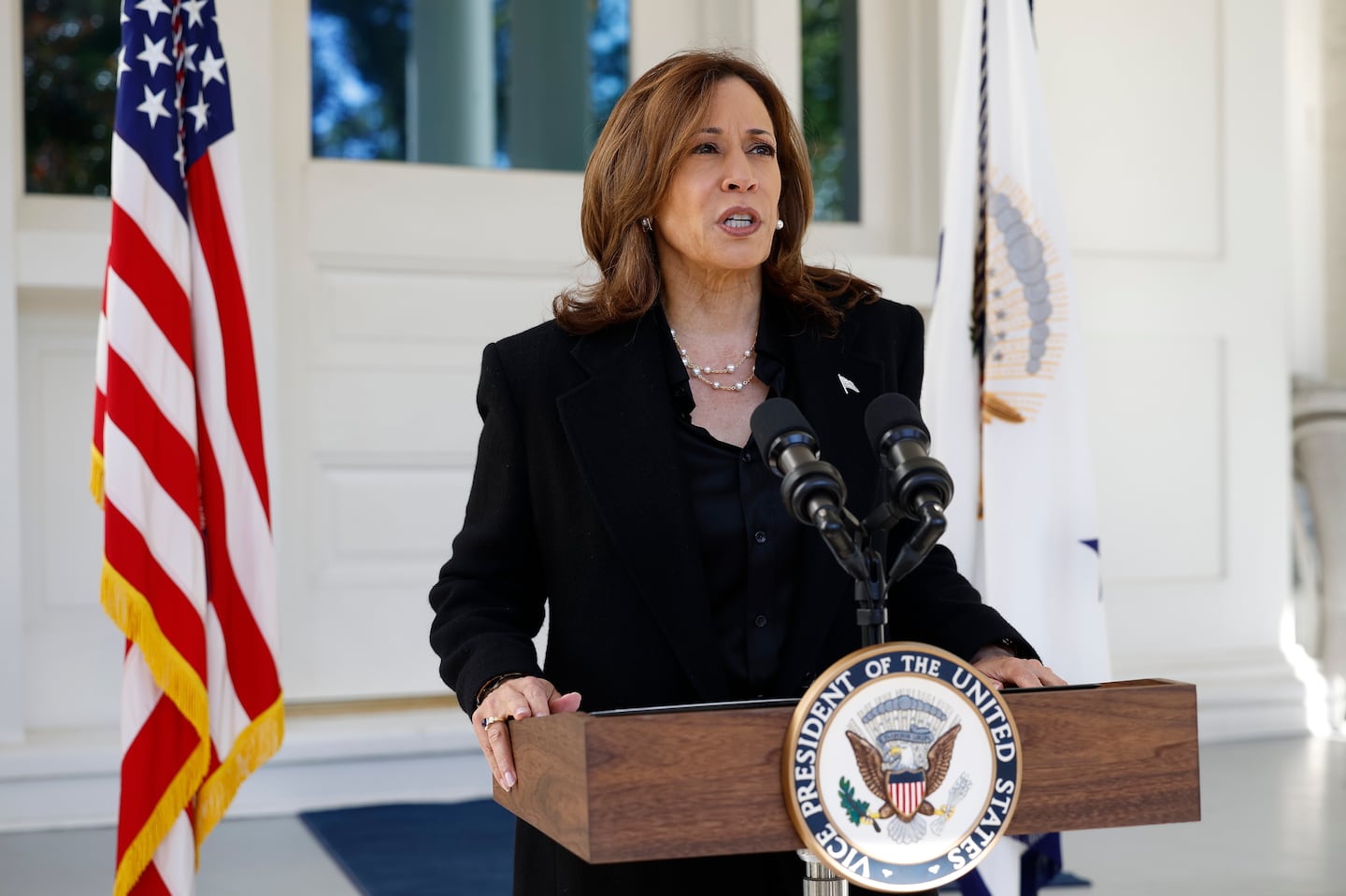 President Kamala Harris delivers remarks before departing the vice president’s residence on Oct. 23, 2024 in Washington, DC.