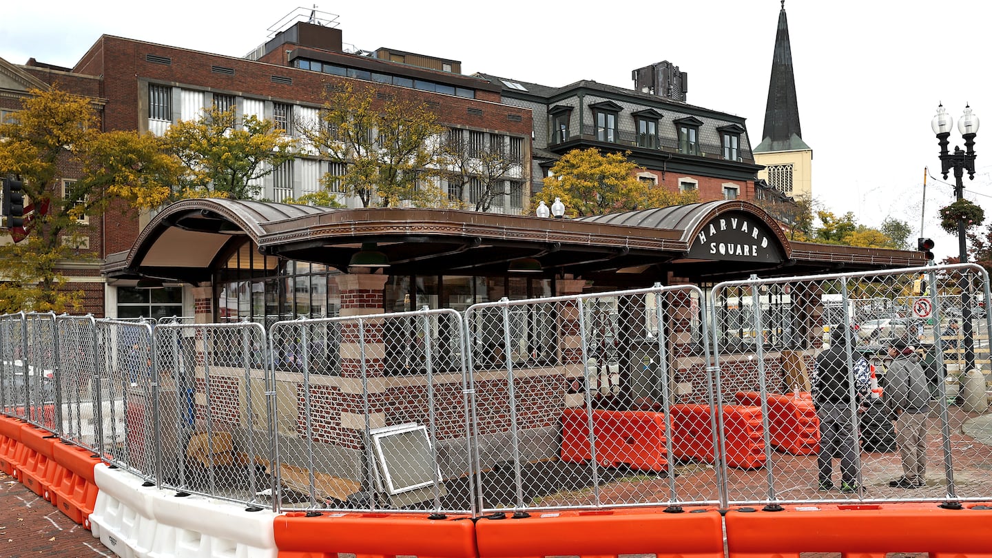 The long-fenced-off location of the Harvard Square kiosk. For decades it was home to landmark newsstand Out of Town News, which left in 2019.