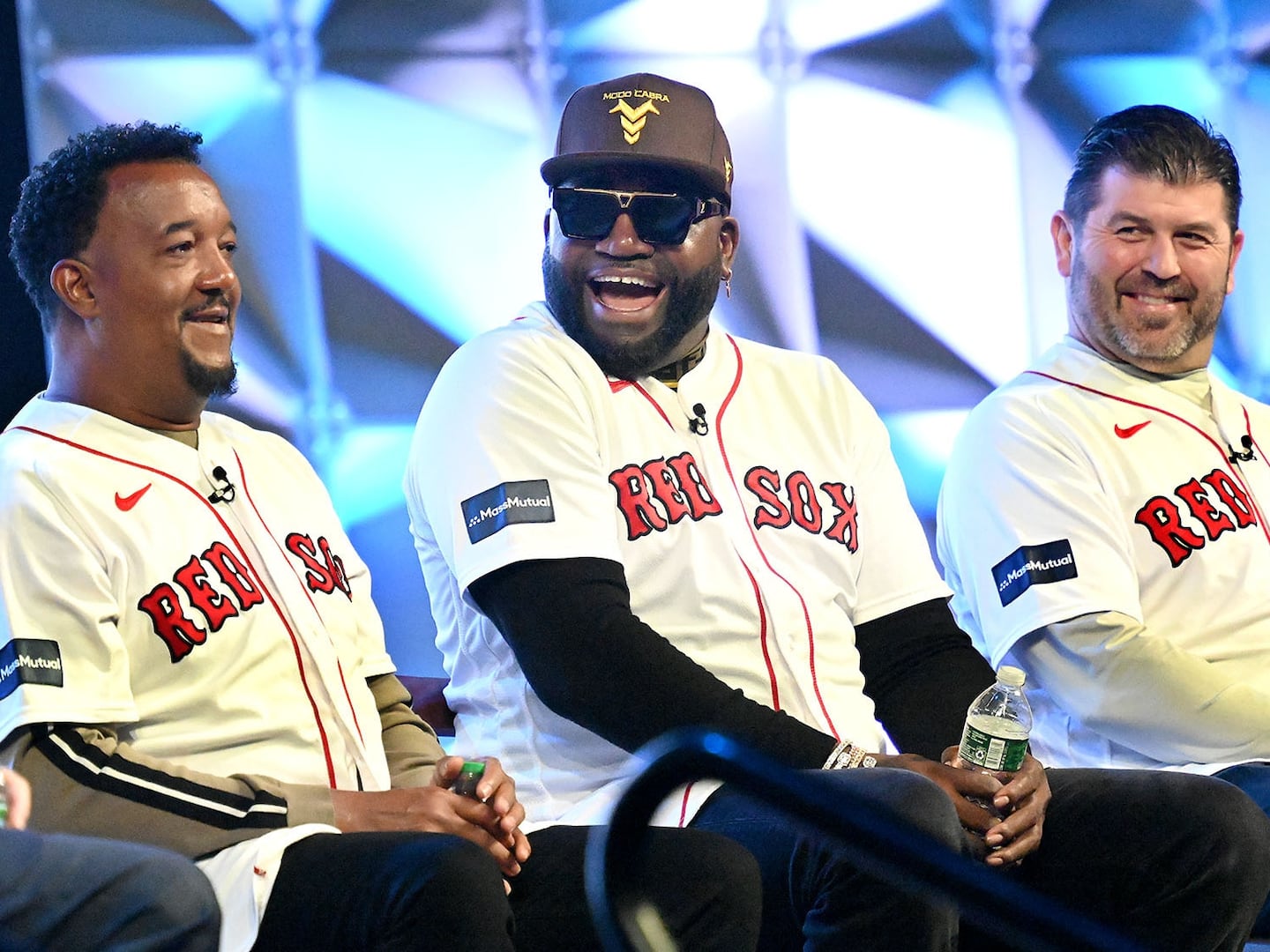 2004 Red Sox heroes Pedro Martinez, David Ortiz, and Jason Varitek (left to right) got together for an anniversary panel discussion during Winter Weekend in Springfield in January.