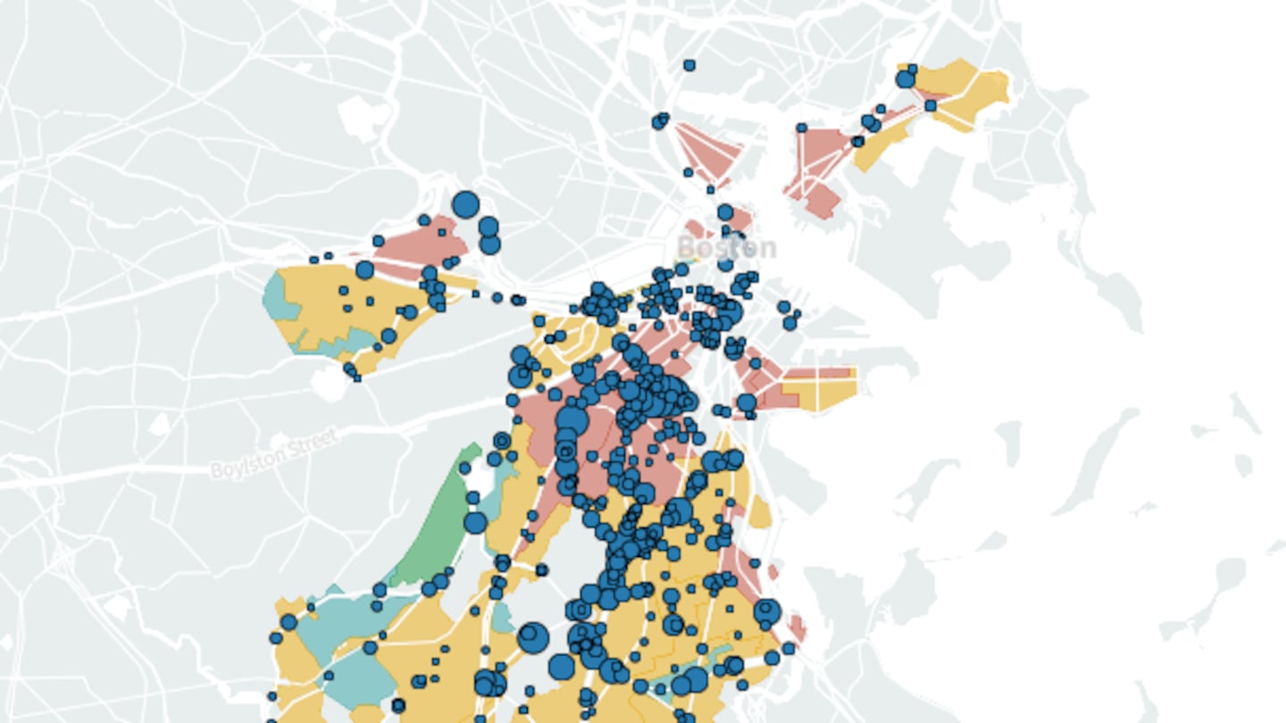 A map of Boston's most dangerous intersections by collision, overlaid with historic redlining districts.