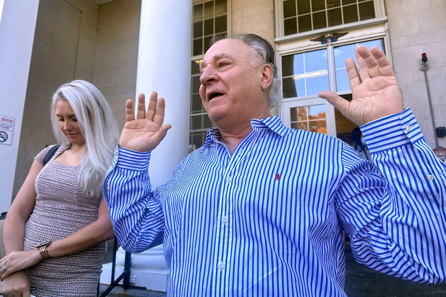 Richard Schiffer Jr., who faces witness intimidation and other charges related to the Karen Read case, greeted supporters on the steps outside Stoughton District Court on Wednesday.