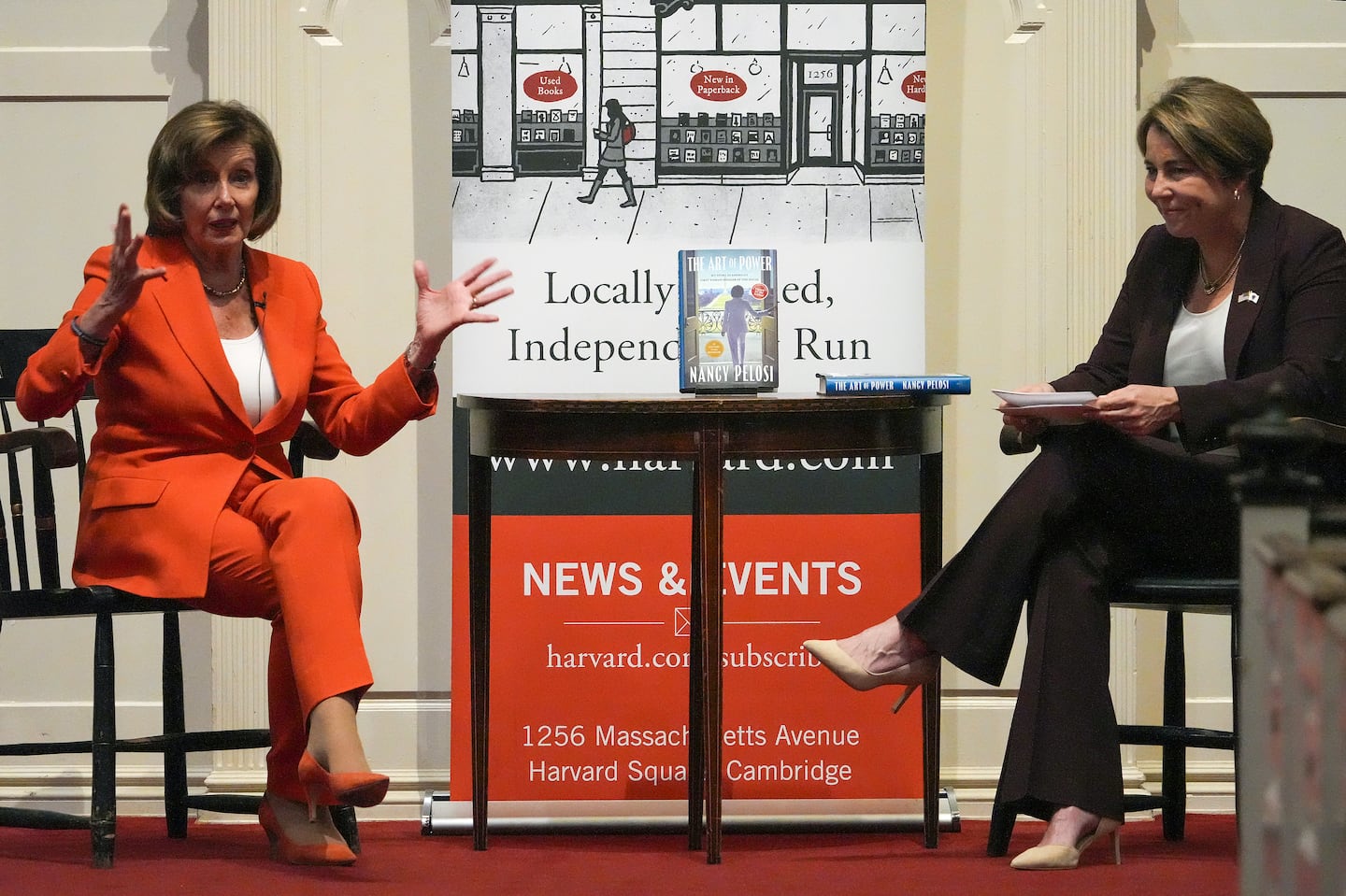 Former House Speaker Nancy Pelosi ,promoting her new book, “The Art of Power," stopped at First Parish Church in Cambridge Wednesday evening for a discussion with Governor Maura Healey.