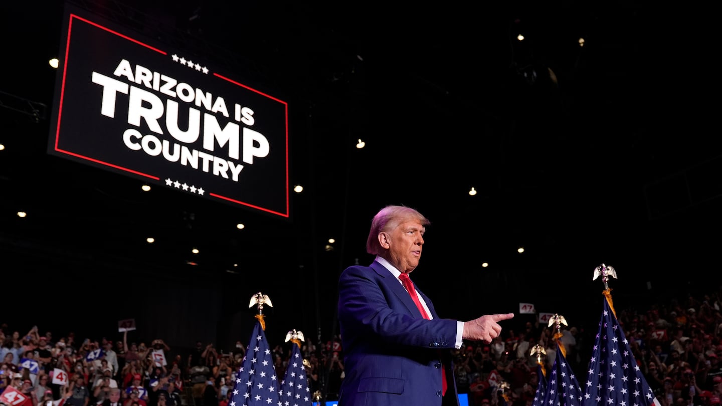 Republican presidential nominee former president Donald Trump arrives at a campaign rally at Mullett Arena, Thursday, Oct. 24, 2024, in Tempe, Ariz.