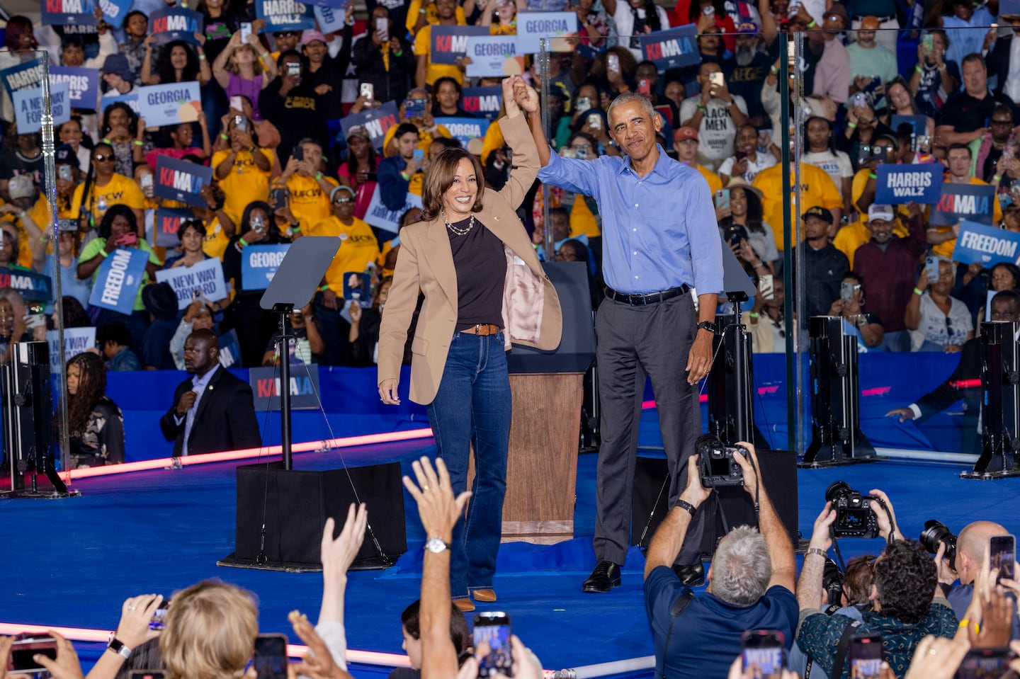 Vice President Kamala Harris, on stage with former president Barack Obama during a campaign rally in Atlanta on Oct. 24.