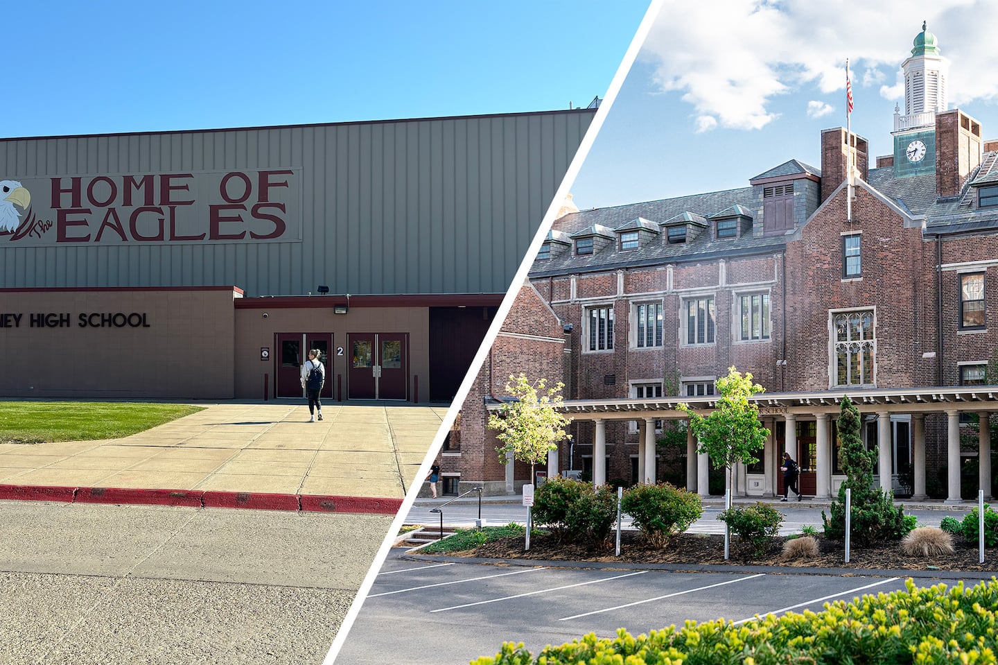 Sidney High School in Montana, left, and the Winsor School in Boston.