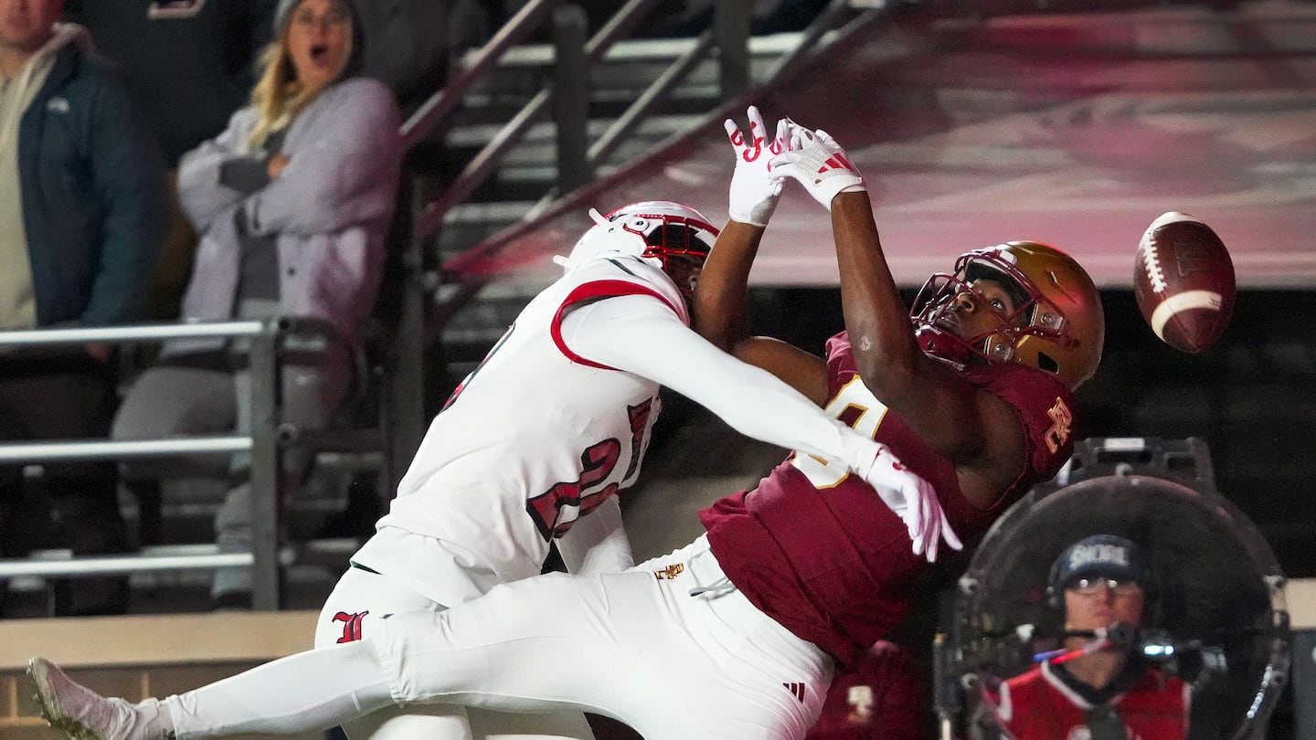 A deep fourth-down pass intended for Boston College wide receiver Johnathan Montague Jr. is knocked away in the end zone with 1:46 to play. The Eagles got the ball back and had one final shot at a win, but Thomas Castellano Hail Mary fell incomplete.