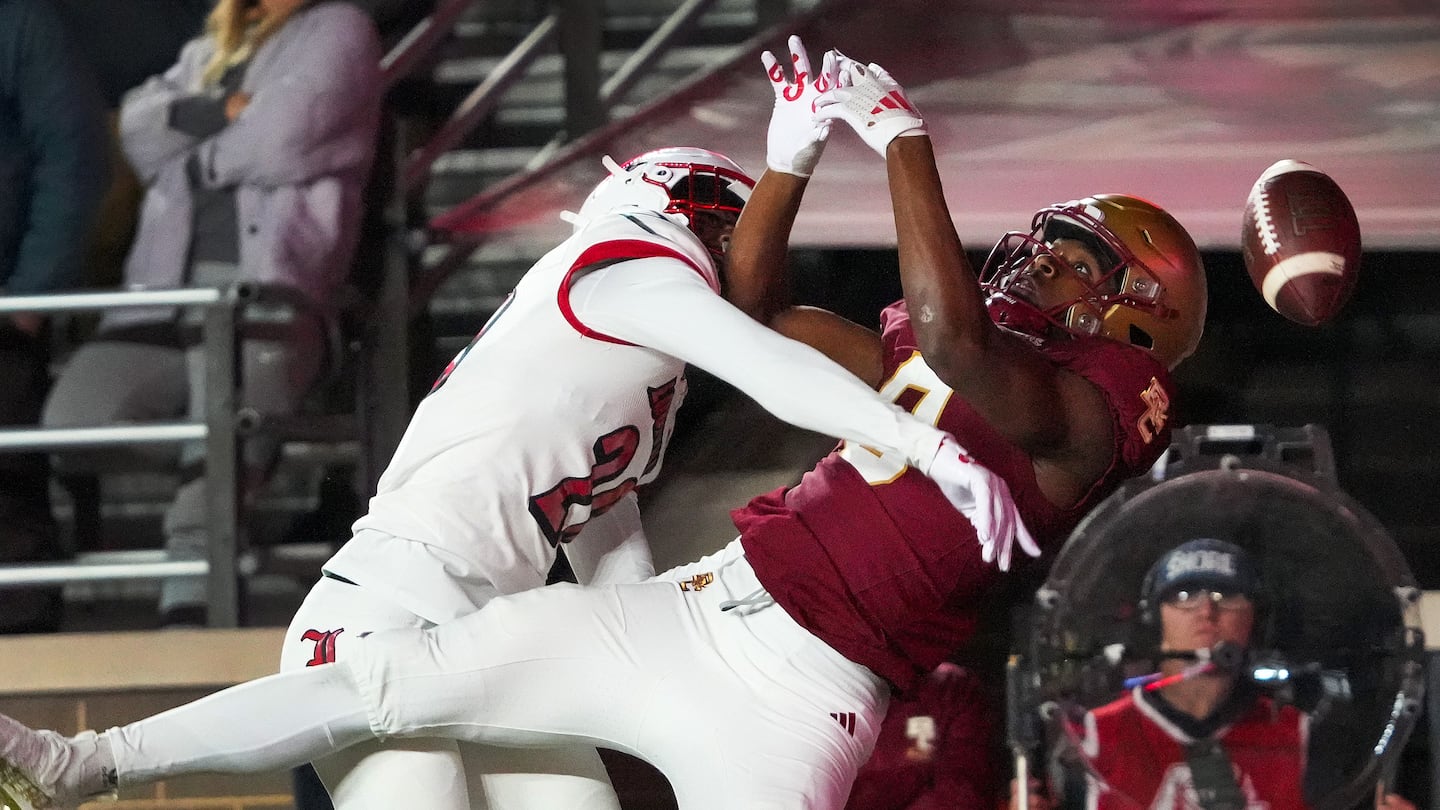 A deep fourth-down pass intended for Boston College wide receiver Johnathan Montague Jr. is knocked away in the end zone with 1:46 to play. The Eagles got the ball back and had one final shot at a win, but Thomas Castellanos' Hail Mary fell incomplete.