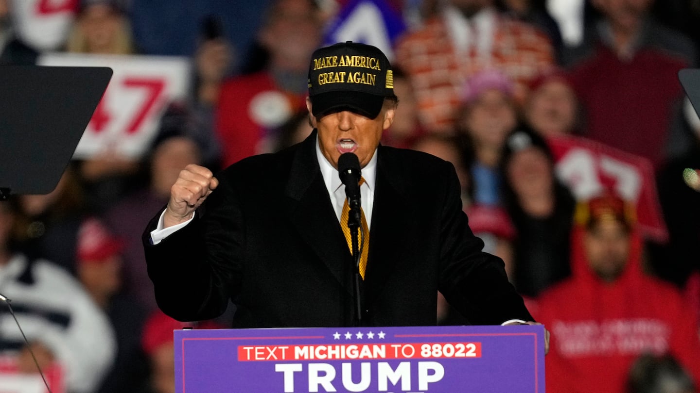 Republican presidential nominee former President Donald Trump speaks at a campaign event Friday, Oct. 25, 2024, in Traverse City, Mich.