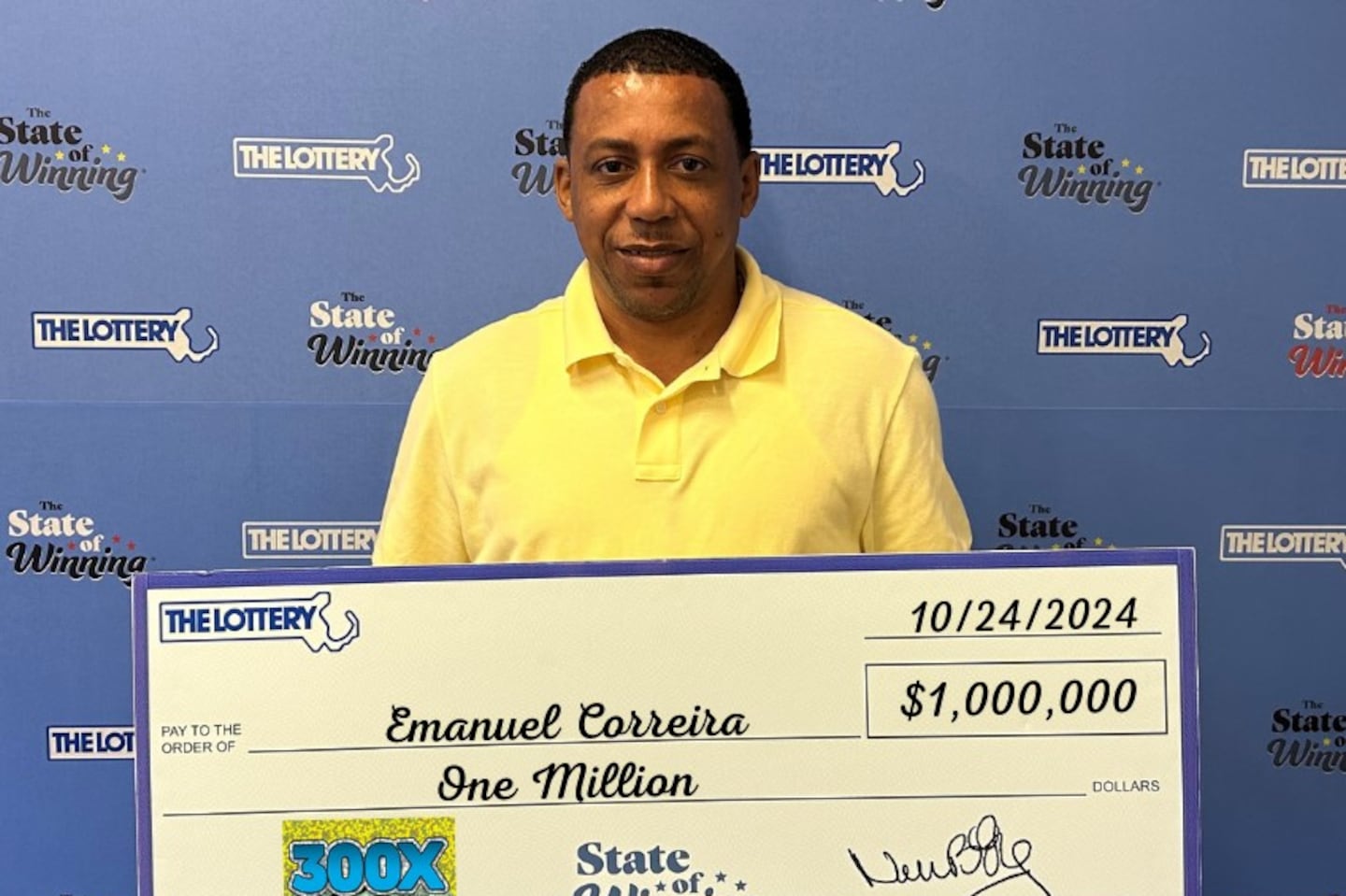 Emanuel Correia, of Dorchester, won $1 million prize on a “300X” instant ticket game.