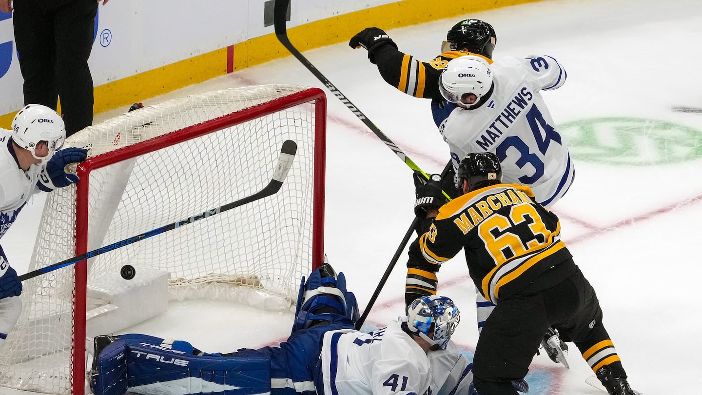 It took several tries, but Brad Marchand finally got the puck past Maple Leafs goaltender Anthony Stolarz in overtime.