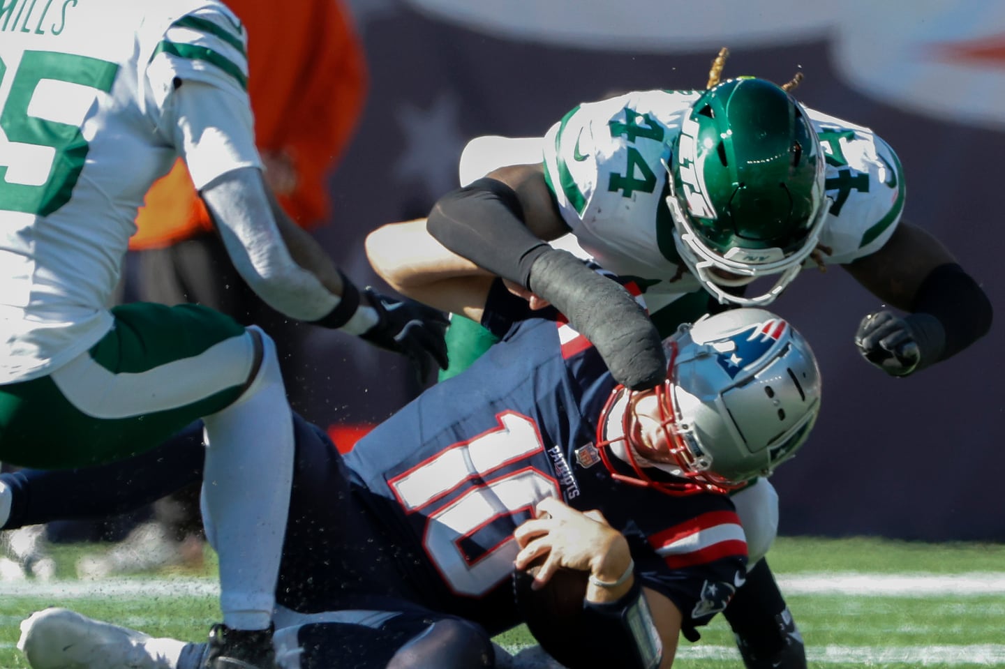 Drake Maye was injured on this play, a hit from the Jets' Jamien Sherwood in the first half.