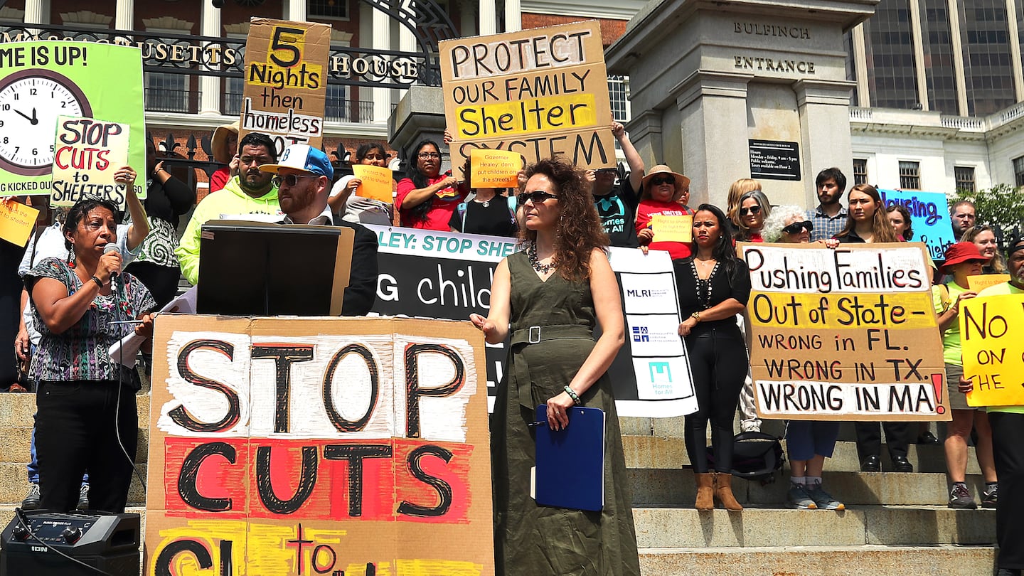 The Massachusetts Coalition for the Homeless and the Massachusetts Law Reform Institute held a protest outside the State House in August to protest a new state policy limiting migrant families' stays to five days in shelters.