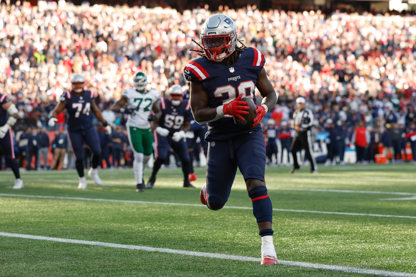 Rhamondre Stevenson strolled into the end zone to score on a 2-point conversion on  the Patriots' final drive.