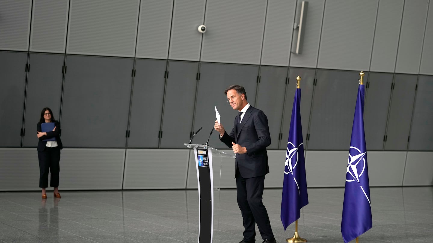 NATO Secretary General Mark Rutte delivers a statement, after a meeting with a high level South Korean delegation including top intelligence and military officials as well as senior diplomats briefed NATO diplomats, at NATO headquarters in Brussels on Monday, Oct. 28, 2024.