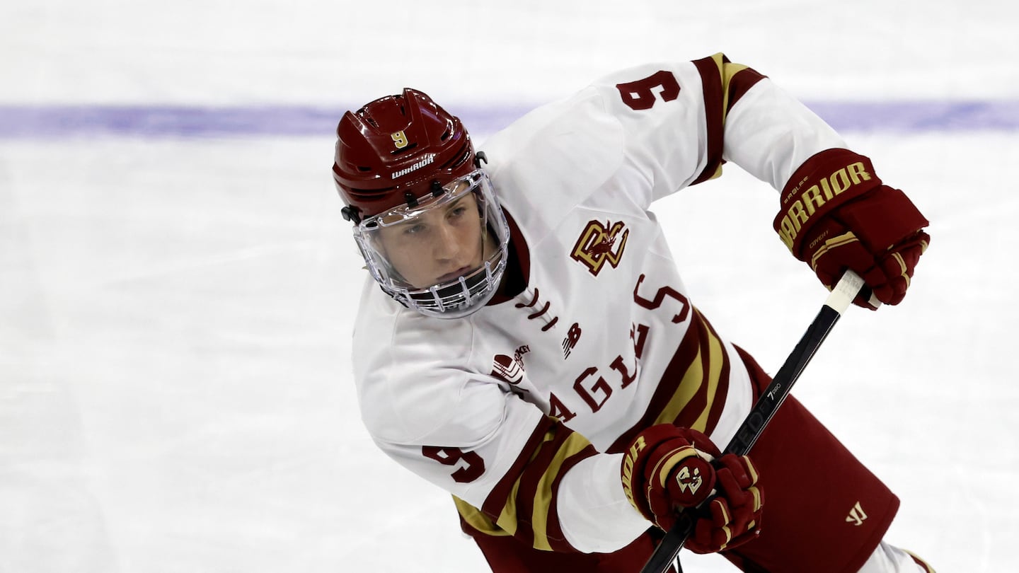 Boston College forward Ryan Leonard (9) takes a shot before the start of an NCAA hockey game against Michigan Tech on Friday, March 29, 2024, in Providence, R.I. (AP Photo/Greg M. Cooper)