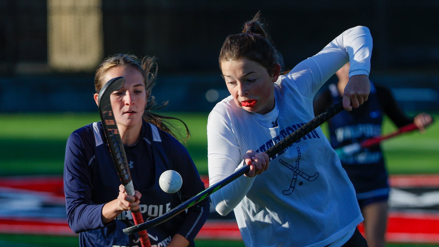 In a tuneup for the MIAA tournament, Walpole's Caitlyn Naughton (left) and Watertown's Rachel Egan (right) battled for control of a loose ball in a Monday scrimmage at Victory Field in Watertown.