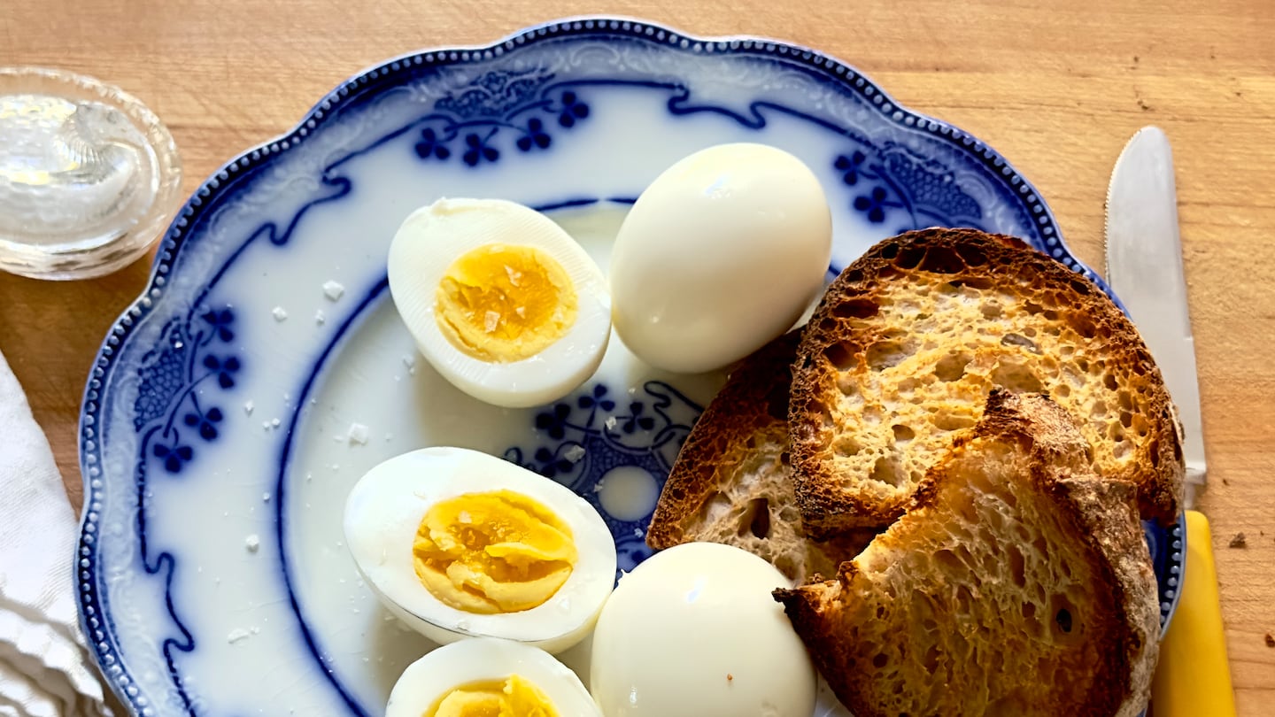 Hard-cooked eggs simmered in a tiny amount of water just until the yolks are golden and the whites firm but tender.