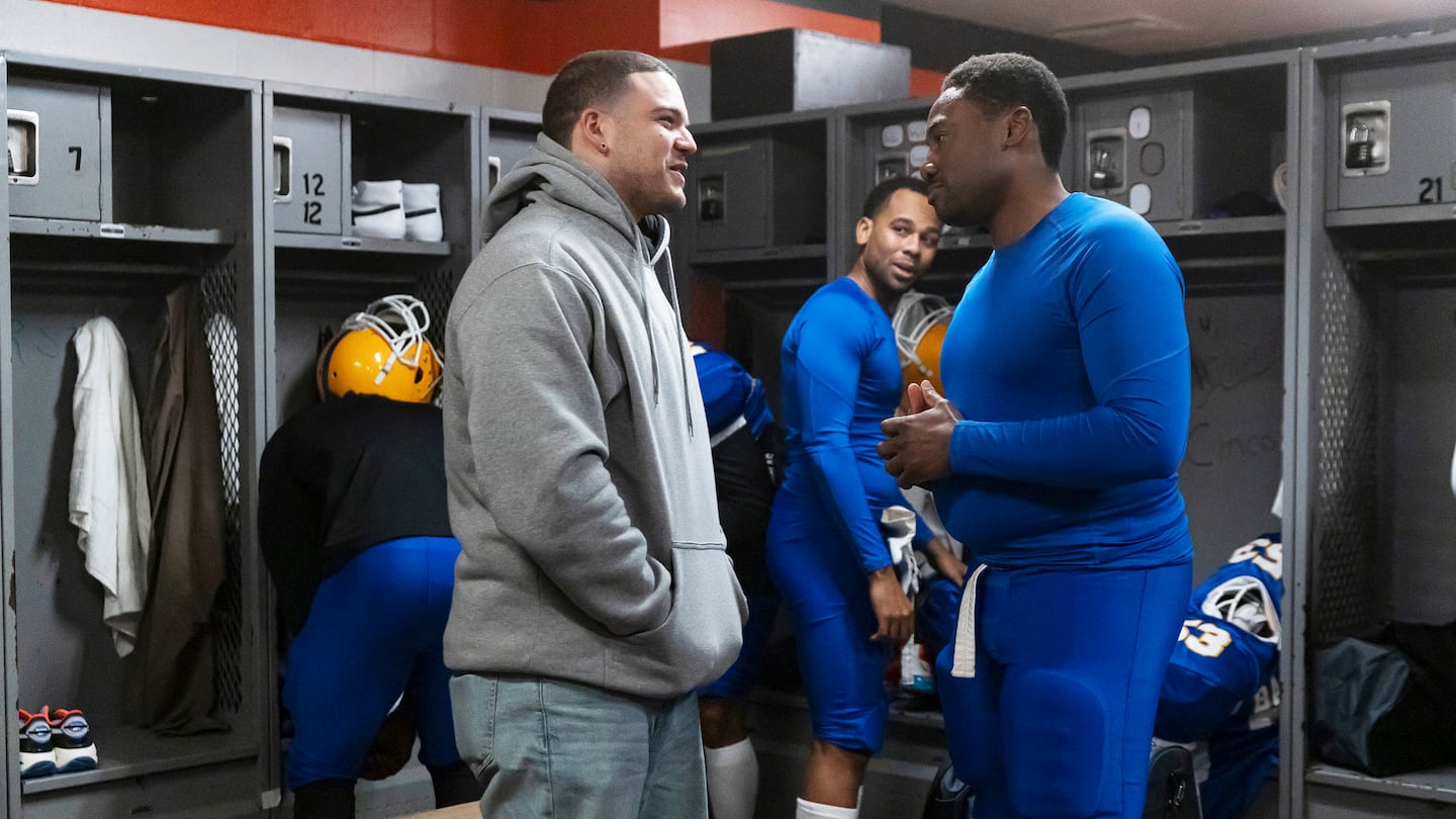 Josh Rivera (left) as Aaron Hernandez and J. Alex Brinson as Odin Lloyd in episode 8 of FX’s "American Sports Story: Aaron Hernandez."