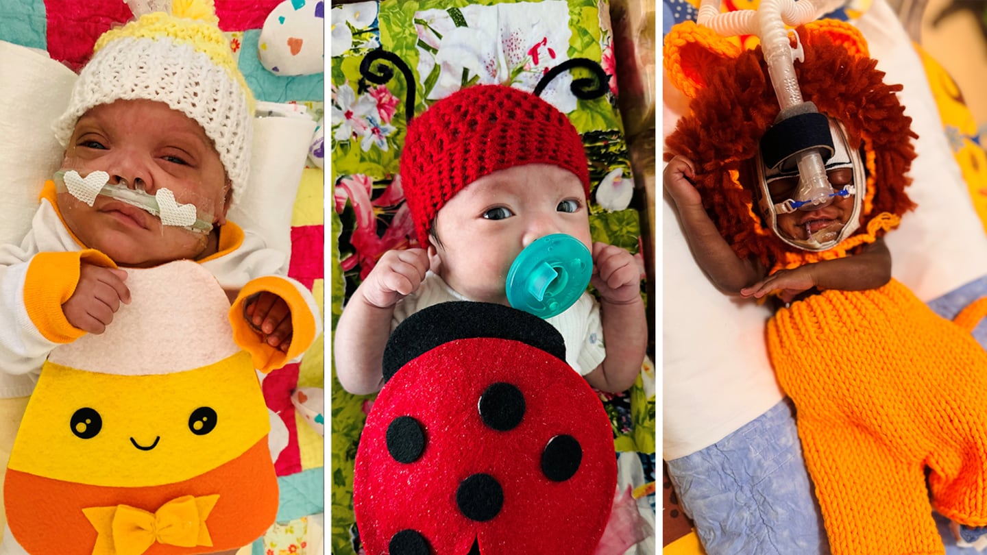 A composite of three infants in Boston Medical Center’s Newborn Intensive Care Unit wearing Halloween costumes donated by non-profit Project Sweet Peas.