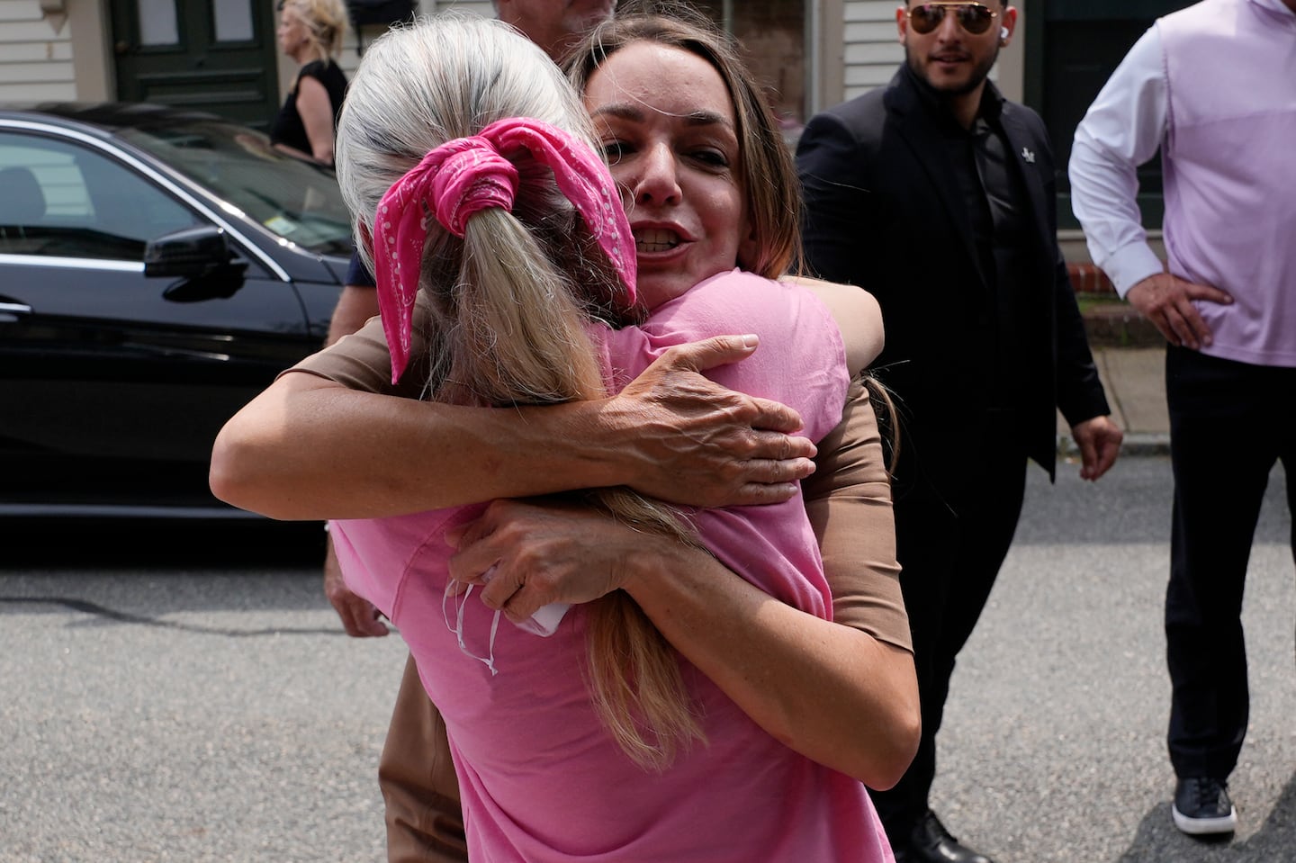 Karen Read embraces a supporter outside Norfolk Superior Court in July.