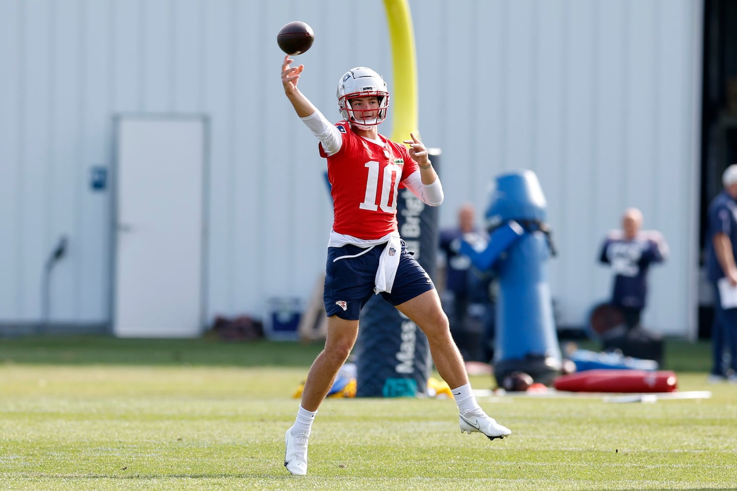 Drake Maye was throwing passes in practice Thursday as he works his way back from a concussion.