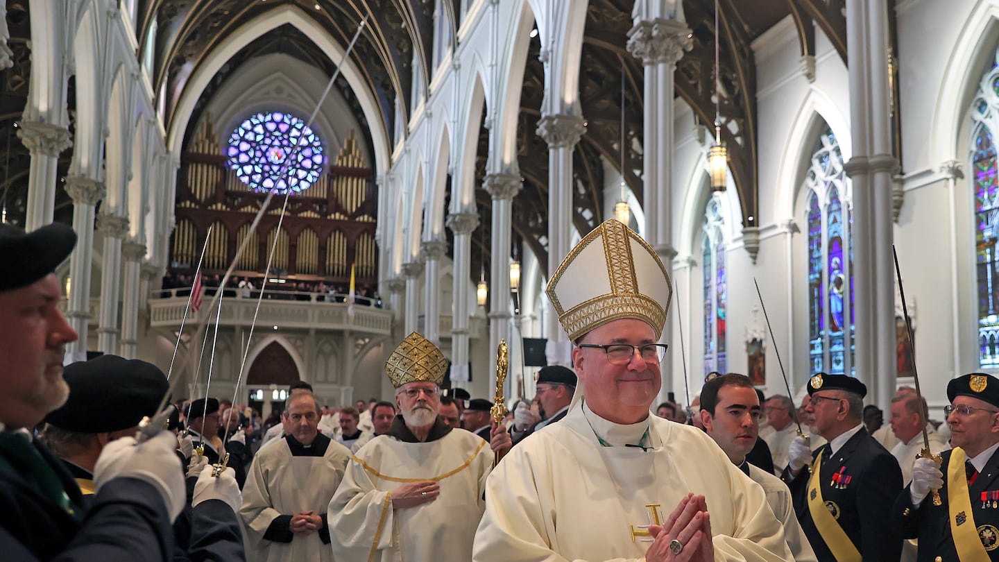 Incoming Archbishop Richard G. Henning was followed by Cardinal Seán O’Malley into the Cathedral of the Holy Cross for the Installation.