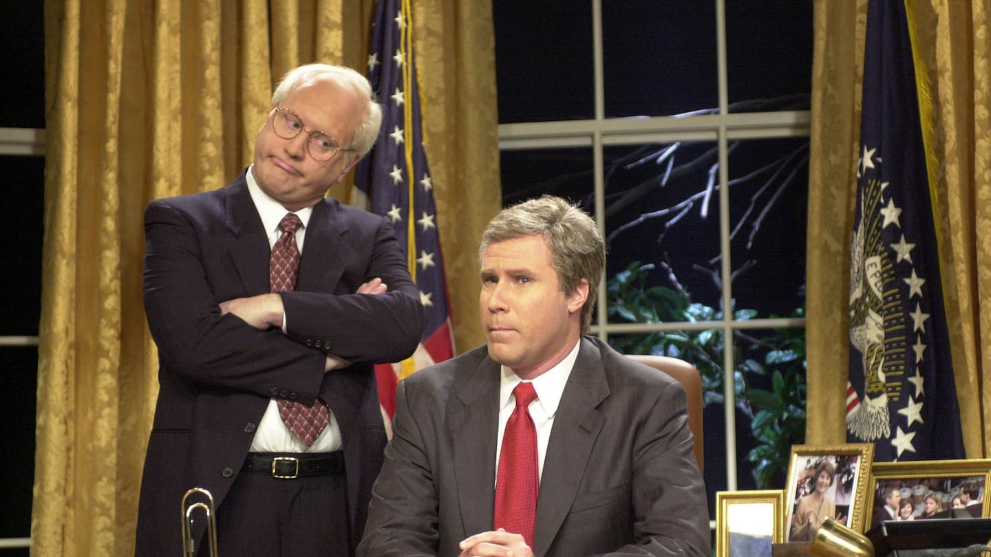 Darrell Hammond as Vice President Dick Cheney interrupts President Bush (Will Ferrell) and tells him to sit at "his" desk: a kiddie table adjacent to the Oval Office desk.